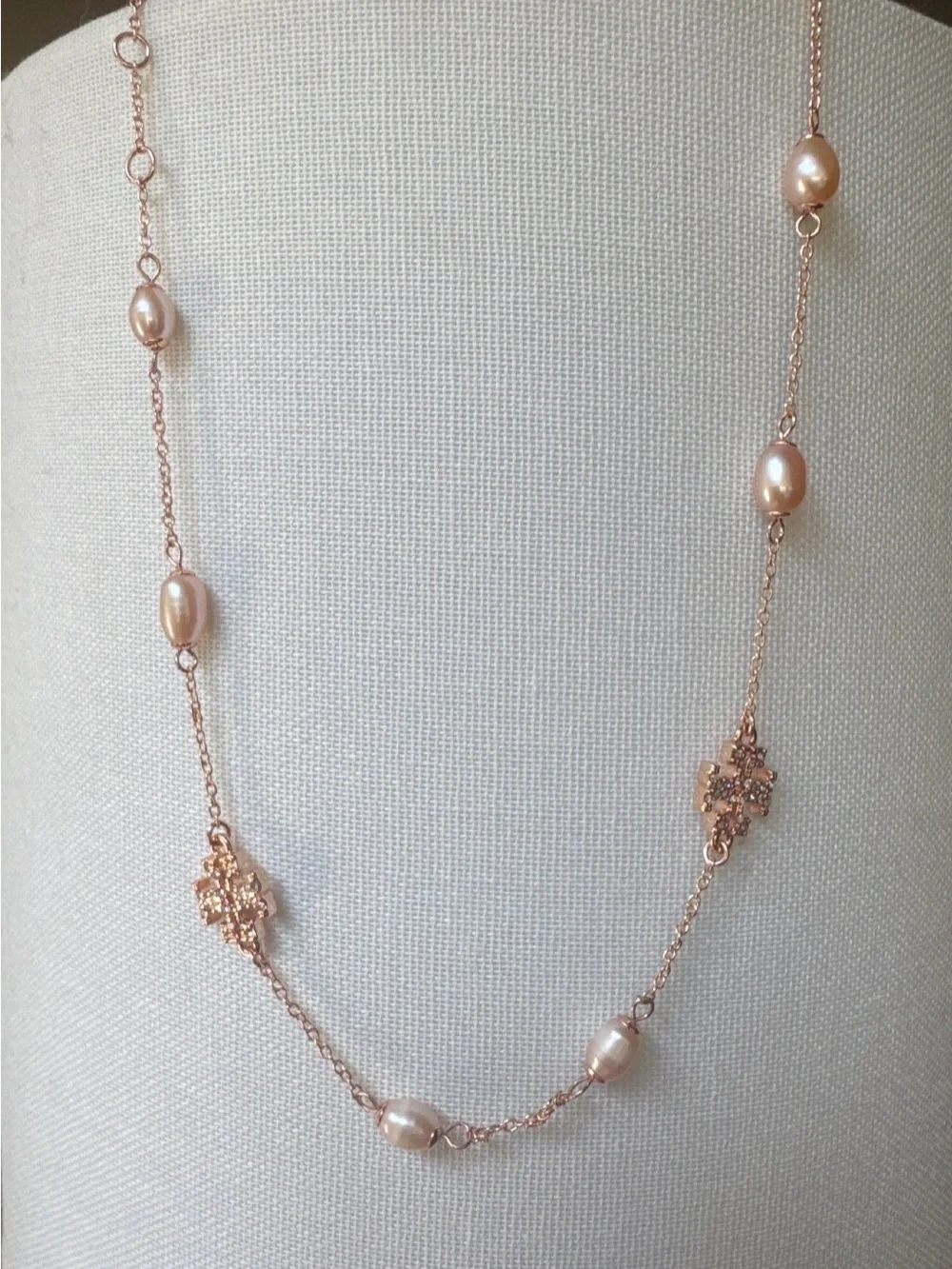 Tory Burch Rose Gold Pearl Station Necklace with Rhinestone Logos